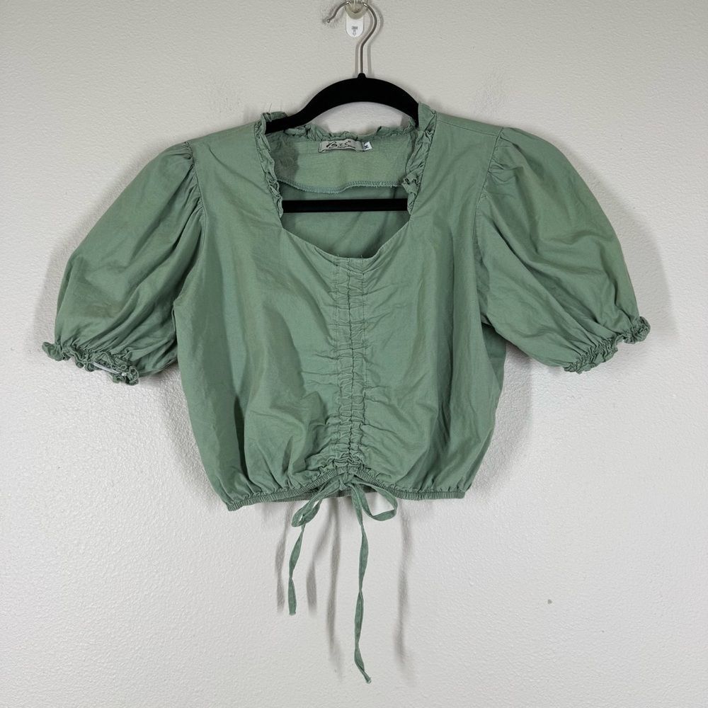 B.t.t Olive Green Puff Sleeve Crop Top Blouse Shirt Cottagecore Y2K Size Medium